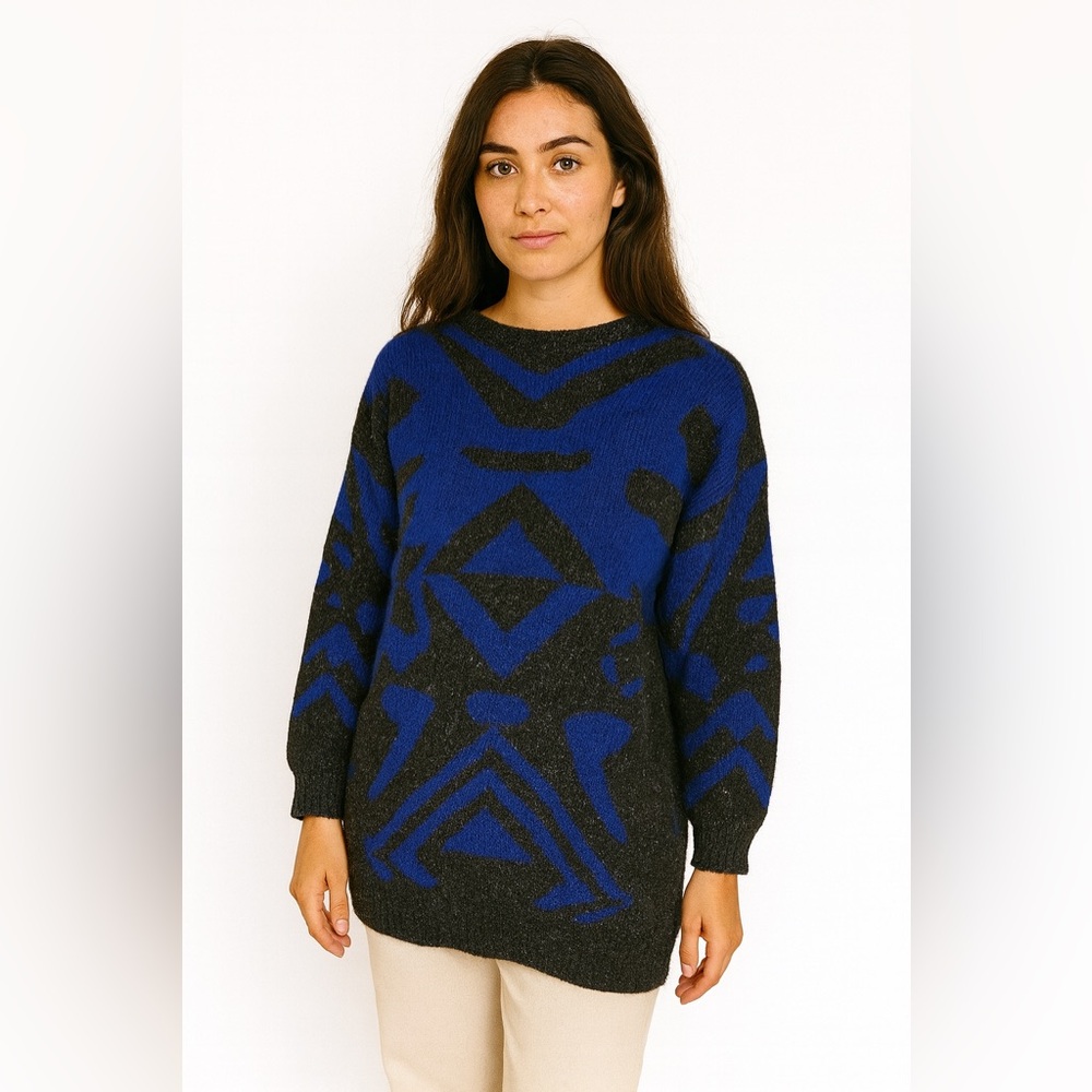 Vintage 80s op art blue n grey shimmery sweater